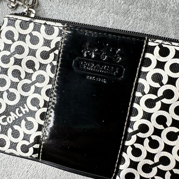 Coach Black White Signature Coated Canvas Leather Trim Small Wristlet Pouch - Picture 2 of 6
